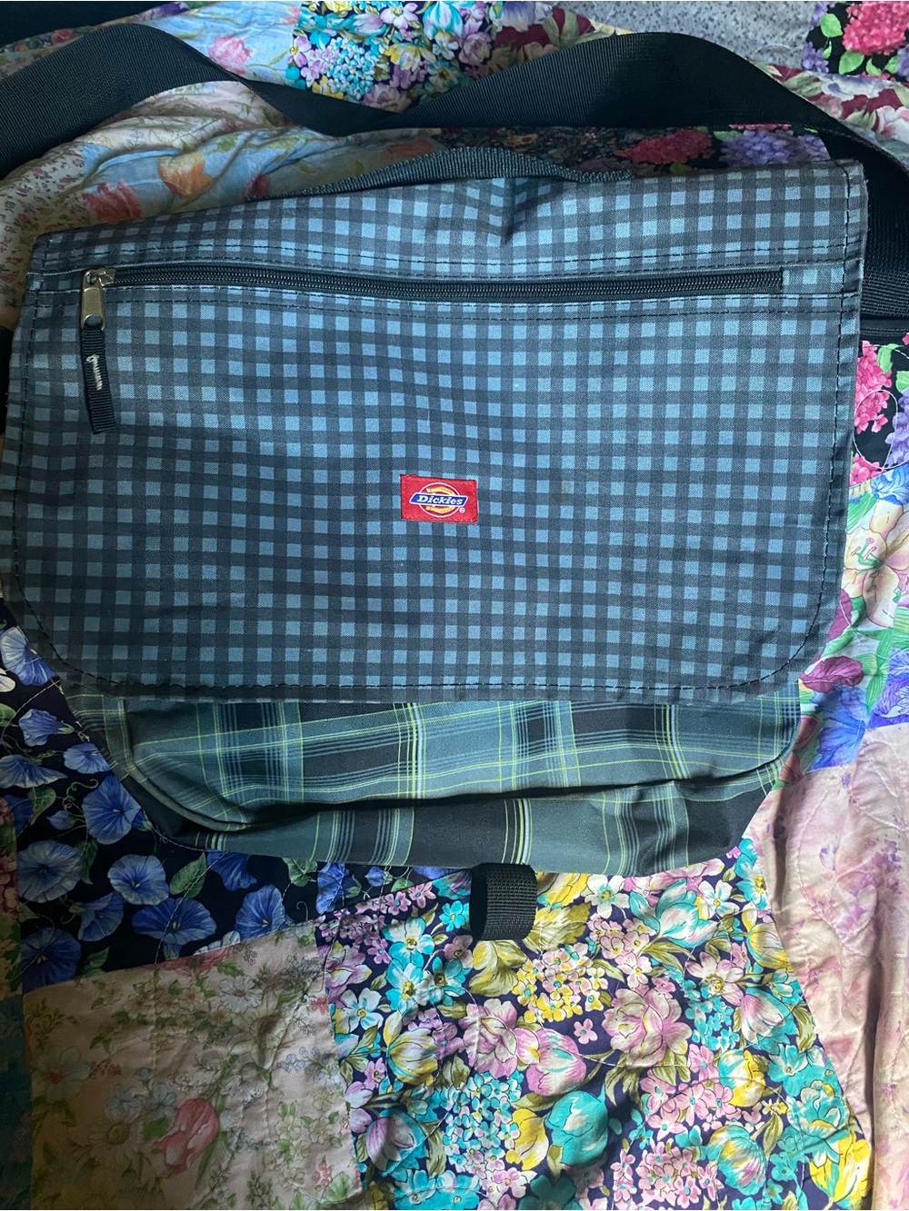 Dickies Black & Gray Plaid Messenger Bag with Green Accents
